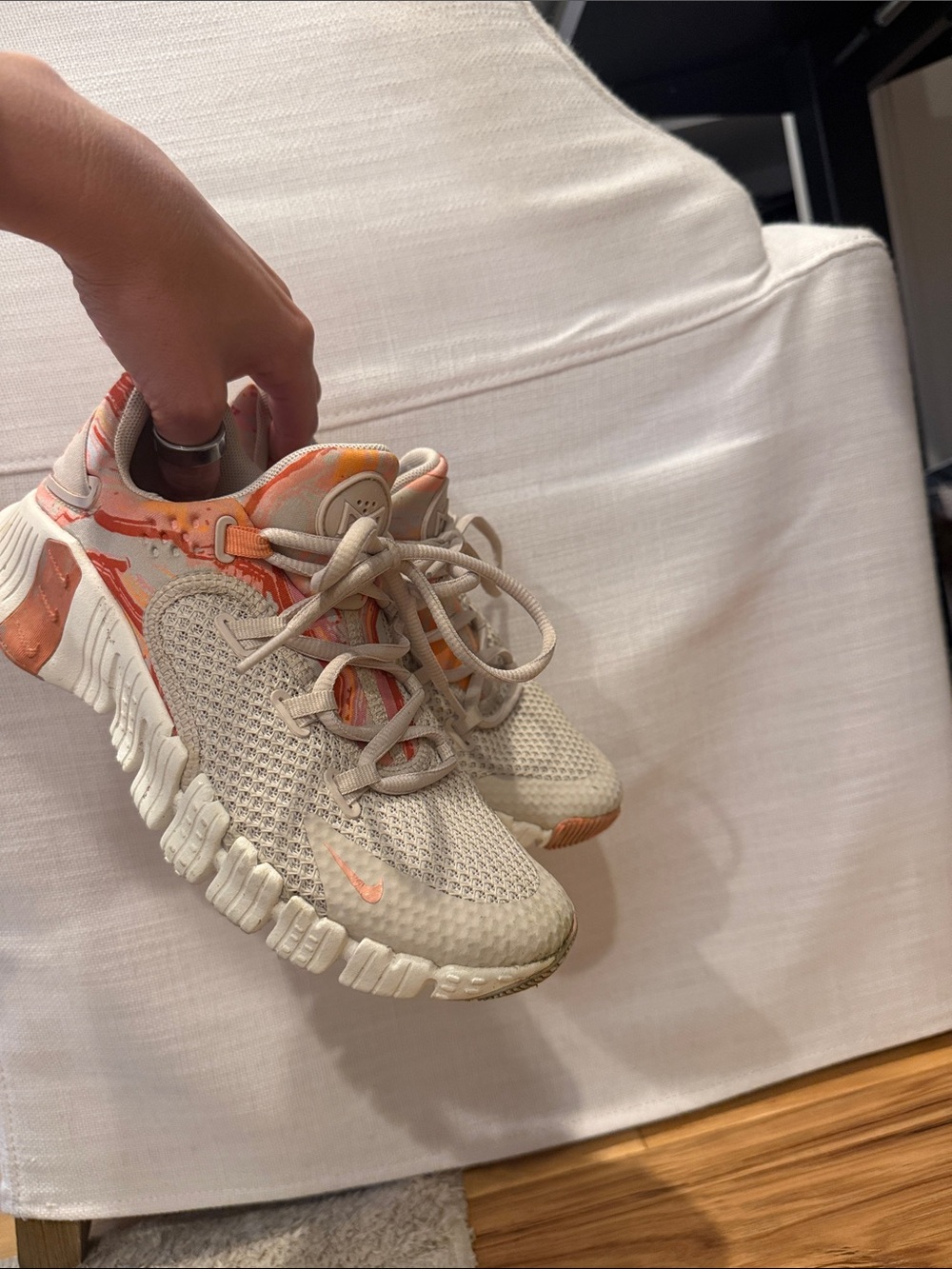 Nike Women’s Beige Knit Sneakers with Orange Accents